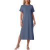 image:imageGRECERELLE Womens Short Sleeve Loose Fit Midi Long Dress  WrinkleFree Crewneck Split for Work Travel Casual VersatileDenim Blue