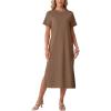 image:imageGRECERELLE Womens Short Sleeve Loose Fit Midi Long Dress  WrinkleFree Crewneck Split for Work Travel Casual VersatileLight Coffee
