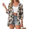 image:imageGRECERELLE Womens Summer Lightweight 34 Sleeve Cardigan Open Front Casual Loose Kimono Cover Ups with PocketsKhaki Black Flower
