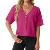 image:imageGRECERELLE Womens Summer Lightweight Short Sleeve Cardigans Open Front V Neck Casual Knit Button Down SweaterHot Pink