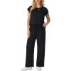image:imageGRECERELLE Womens Two Piece Lounge Set Striped Short Sleeve Top with Wide Leg Pants Summer Travel Casual OutfitAblack
