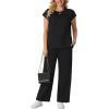 image:imageGRECERELLE Womens Two Piece Lounge Set Striped Short Sleeve Top with Wide Leg Pants Summer Travel Casual OutfitAblack