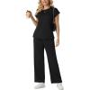 image:imageGRECERELLE Womens Two Piece Lounge Set Striped Short Sleeve Top with Wide Leg Pants Summer Travel Casual OutfitAblack
