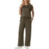 image:imageGRECERELLE Womens Two Piece Lounge Set Striped Short Sleeve Top with Wide Leg Pants Summer Travel Casual OutfitArmy Green
