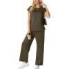 image:imageGRECERELLE Womens Two Piece Lounge Set Striped Short Sleeve Top with Wide Leg Pants Summer Travel Casual OutfitArmy Green