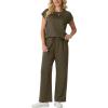 image:imageGRECERELLE Womens Two Piece Lounge Set Striped Short Sleeve Top with Wide Leg Pants Summer Travel Casual OutfitArmy Green