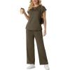 image:imageGRECERELLE Womens Two Piece Lounge Set Striped Short Sleeve Top with Wide Leg Pants Summer Travel Casual OutfitArmy Green