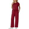 image:imageGRECERELLE Womens Two Piece Lounge Set Striped Short Sleeve Top with Wide Leg Pants Summer Travel Casual OutfitBurgundy
