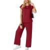 image:imageGRECERELLE Womens Two Piece Lounge Set Striped Short Sleeve Top with Wide Leg Pants Summer Travel Casual OutfitBurgundy