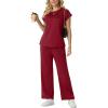 image:imageGRECERELLE Womens Two Piece Lounge Set Striped Short Sleeve Top with Wide Leg Pants Summer Travel Casual OutfitBurgundy