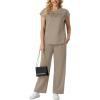 image:imageGRECERELLE Womens Two Piece Lounge Set Striped Short Sleeve Top with Wide Leg Pants Summer Travel Casual OutfitCoffee Gray