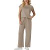 image:imageGRECERELLE Womens Two Piece Lounge Set Striped Short Sleeve Top with Wide Leg Pants Summer Travel Casual OutfitCoffee Gray
