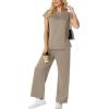 image:imageGRECERELLE Womens Two Piece Lounge Set Striped Short Sleeve Top with Wide Leg Pants Summer Travel Casual OutfitCoffee Gray