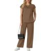 image:imageGRECERELLE Womens Two Piece Lounge Set Striped Short Sleeve Top with Wide Leg Pants Summer Travel Casual OutfitLight Coffee