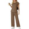 image:imageGRECERELLE Womens Two Piece Lounge Set Striped Short Sleeve Top with Wide Leg Pants Summer Travel Casual OutfitLight Coffee