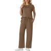 image:imageGRECERELLE Womens Two Piece Lounge Set Striped Short Sleeve Top with Wide Leg Pants Summer Travel Casual OutfitLight Coffee