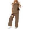 image:imageGRECERELLE Womens Two Piece Lounge Set Striped Short Sleeve Top with Wide Leg Pants Summer Travel Casual OutfitLight Coffee