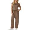 image:imageGRECERELLE Womens Two Piece Lounge Set Striped Short Sleeve Top with Wide Leg Pants Summer Travel Casual OutfitLight Coffee