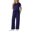 image:imageGRECERELLE Womens Two Piece Lounge Set Striped Short Sleeve Top with Wide Leg Pants Summer Travel Casual OutfitNavy Blue