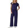 image:imageGRECERELLE Womens Two Piece Lounge Set Striped Short Sleeve Top with Wide Leg Pants Summer Travel Casual OutfitNavy Blue