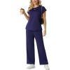 image:imageGRECERELLE Womens Two Piece Lounge Set Striped Short Sleeve Top with Wide Leg Pants Summer Travel Casual OutfitNavy Blue