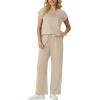 image:imageGRECERELLE Womens Two Piece Lounge Set Striped Short Sleeve Top with Wide Leg Pants Summer Travel Casual OutfitOatmeal