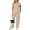 image:imageGRECERELLE Womens Two Piece Lounge Set Striped Short Sleeve Top with Wide Leg Pants Summer Travel Casual OutfitOatmeal