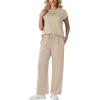 image:imageGRECERELLE Womens Two Piece Lounge Set Striped Short Sleeve Top with Wide Leg Pants Summer Travel Casual OutfitOatmeal