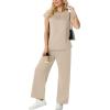 image:imageGRECERELLE Womens Two Piece Lounge Set Striped Short Sleeve Top with Wide Leg Pants Summer Travel Casual OutfitOatmeal