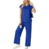image:imageGRECERELLE Womens Two Piece Lounge Set Striped Short Sleeve Top with Wide Leg Pants Summer Travel Casual OutfitRoyal Blue