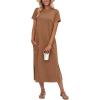 image:imageGRECERELLE Womens Short Sleeve Loose Fit Midi Long Dress  WrinkleFree Crewneck Split for Work Travel Casual VersatileCamel