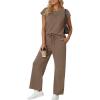 image:imageGRECERELLE Womens Two Piece Lounge Set Striped Short Sleeve Top with Wide Leg Pants Summer Travel Casual OutfitLight Coffee