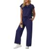 image:imageGRECERELLE Womens Two Piece Lounge Set Striped Short Sleeve Top with Wide Leg Pants Summer Travel Casual OutfitNavy Blue