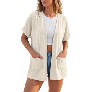 image:imageGRECERELLE Short Sleeve Cardigan for Women Lightweight Summer with Pockets Open Front Casual Beach Cover Ups 2026Aivory White