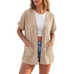 image:imageGRECERELLE Short Sleeve Cardigan for Women Lightweight Summer with Pockets Open Front Casual Beach Cover Ups 2026Apricot