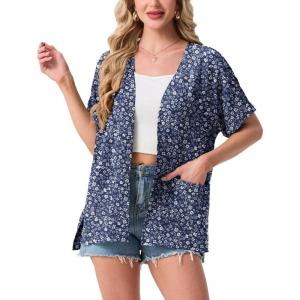 image:imageGRECERELLE Short Sleeve Cardigan for Women Lightweight Summer with Pockets Open Front Casual Beach Cover Ups 2026Blue Small Flower