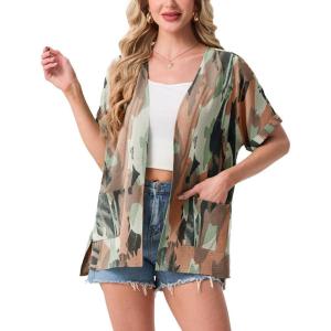 image:imageGRECERELLE Short Sleeve Cardigan for Women Lightweight Summer with Pockets Open Front Casual Beach Cover Ups 2026Camou Green Pink