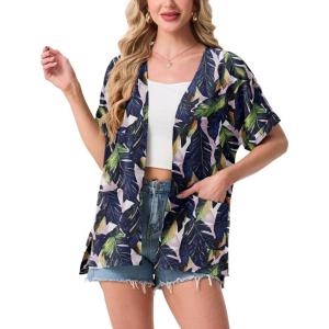 image:imageGRECERELLE Short Sleeve Cardigan for Women Lightweight Summer with Pockets Open Front Casual Beach Cover Ups 2026Colorful Banana Leaf