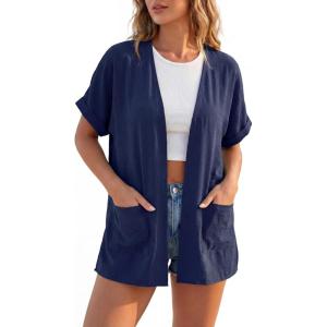 image:imageGRECERELLE Short Sleeve Cardigan for Women Lightweight Summer with Pockets Open Front Casual Beach Cover Ups 2026Dark Blue