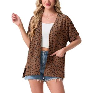 image:imageGRECERELLE Short Sleeve Cardigan for Women Lightweight Summer with Pockets Open Front Casual Beach Cover Ups 2026Leopard Print Coffee