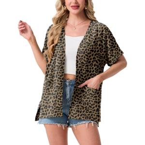 image:imageGRECERELLE Short Sleeve Cardigan for Women Lightweight Summer with Pockets Open Front Casual Beach Cover Ups 2026Leopard Print Dark Khaki