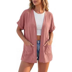 image:imageGRECERELLE Short Sleeve Cardigan for Women Lightweight Summer with Pockets Open Front Casual Beach Cover Ups 2026Peach Pink