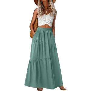 image:imageGRECERELLE Womens Boho Maxi Skirt Elastic High Waist Tiered ALine Casual Summer Flowy Asymmetric Long Skirts with PocketsAqua Sea