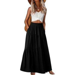 image:imageGRECERELLE Womens Boho Maxi Skirt Elastic High Waist Tiered ALine Casual Summer Flowy Asymmetric Long Skirts with PocketsBlack