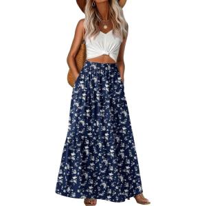 image:imageGRECERELLE Womens Boho Maxi Skirt Elastic High Waist Tiered ALine Casual Summer Flowy Asymmetric Long Skirts with PocketsBlue Small Flower