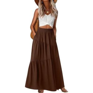 image:imageGRECERELLE Womens Boho Maxi Skirt Elastic High Waist Tiered ALine Casual Summer Flowy Asymmetric Long Skirts with PocketsBrown