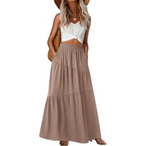 image:imageGRECERELLE Womens Boho Maxi Skirt Elastic High Waist Tiered ALine Casual Summer Flowy Asymmetric Long Skirts with PocketsCoffee Gray
