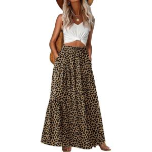 image:imageGRECERELLE Womens Boho Maxi Skirt Elastic High Waist Tiered ALine Casual Summer Flowy Asymmetric Long Skirts with PocketsLd Khaki