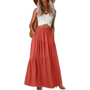 image:imageGRECERELLE Womens Boho Maxi Skirt Elastic High Waist Tiered ALine Casual Summer Flowy Asymmetric Long Skirts with PocketsLiving Coral