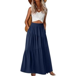 image:imageGRECERELLE Womens Boho Maxi Skirt Elastic High Waist Tiered ALine Casual Summer Flowy Asymmetric Long Skirts with PocketsNavy Blue